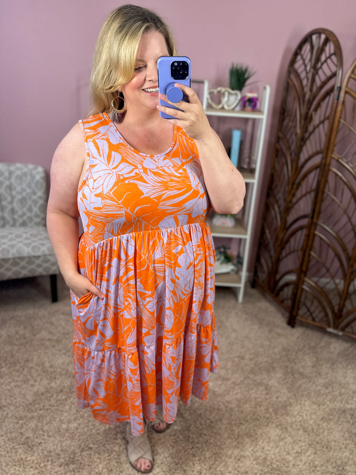 Take Me There Tiered Dress w/Pockets - Orange/Lavender Mix