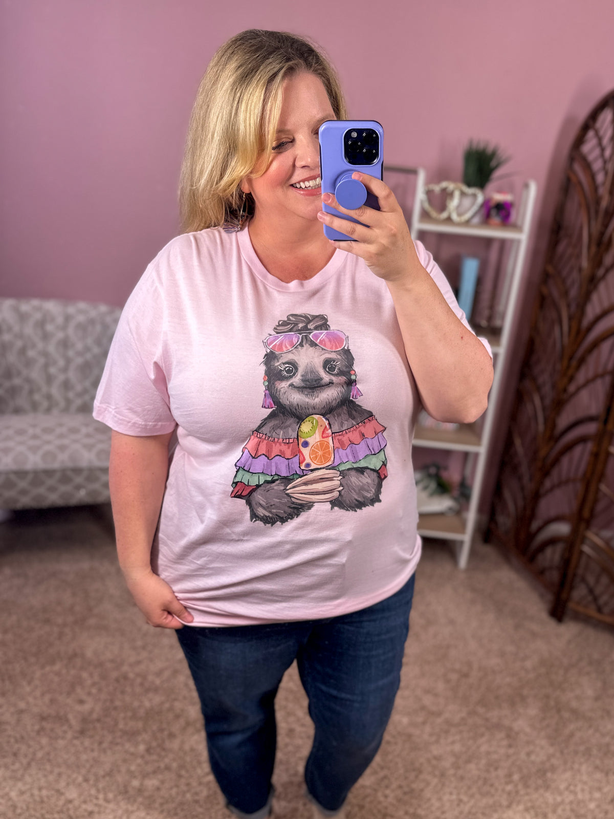 Summer Sloth Graphic Tee - Pink