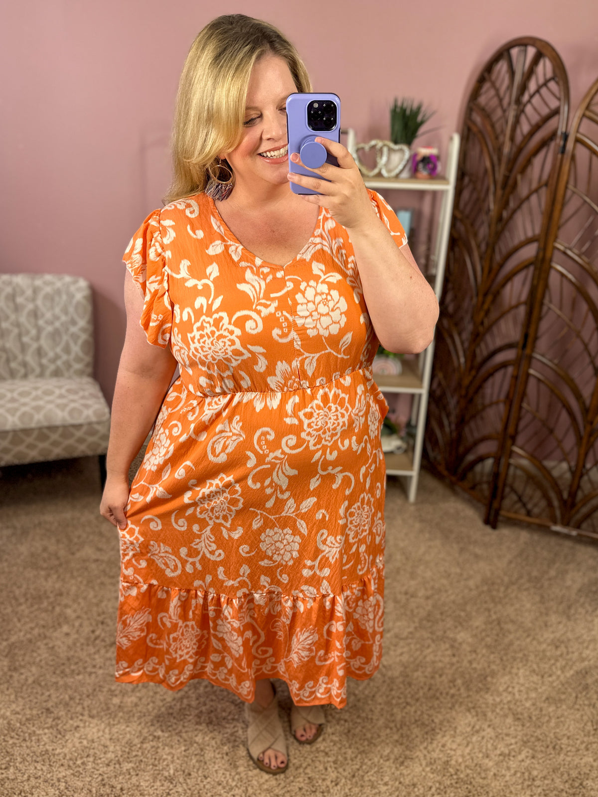 Wishing and Waiting Midi Dress w/pockets - Tangerine