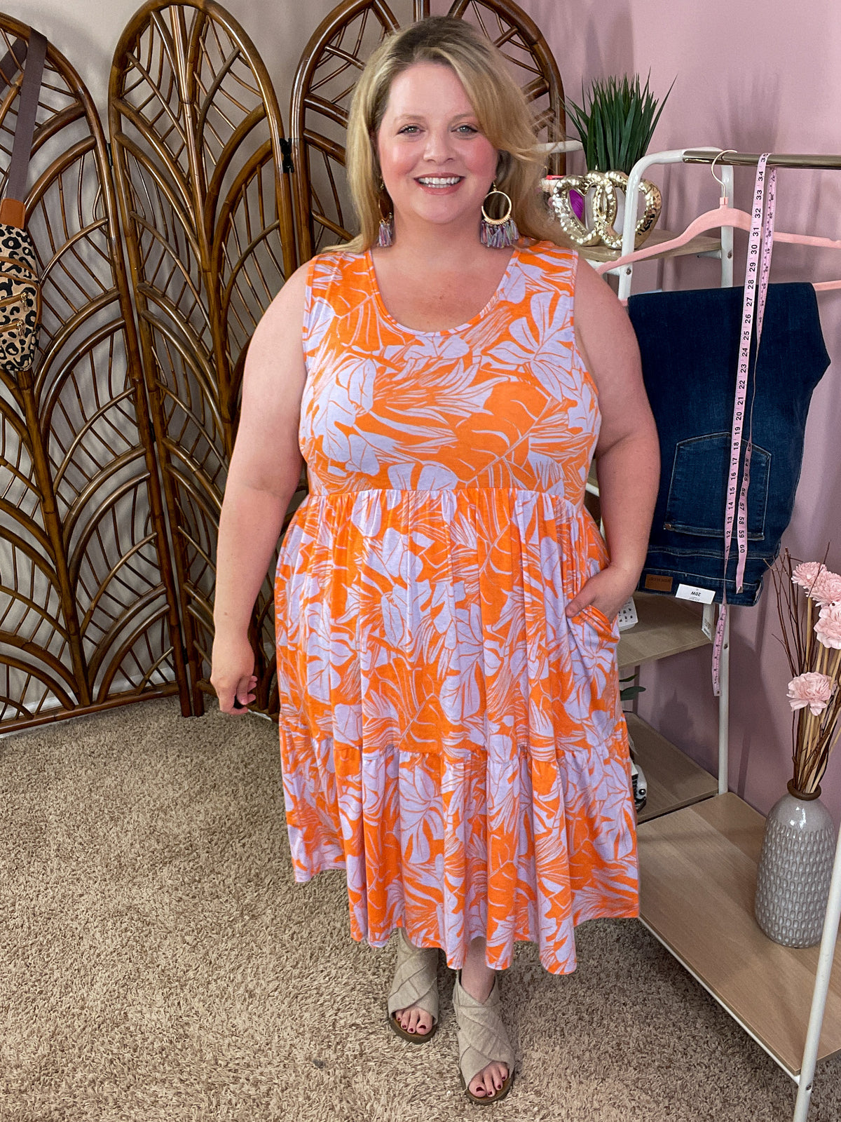 Take Me There Tiered Dress w/Pockets - Orange/Lavender Mix
