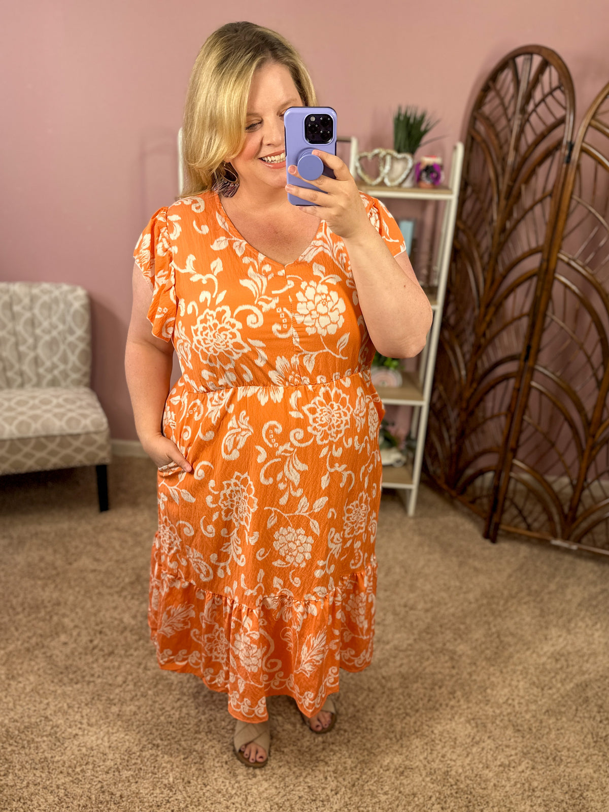 Wishing and Waiting Midi Dress w/pockets - Tangerine