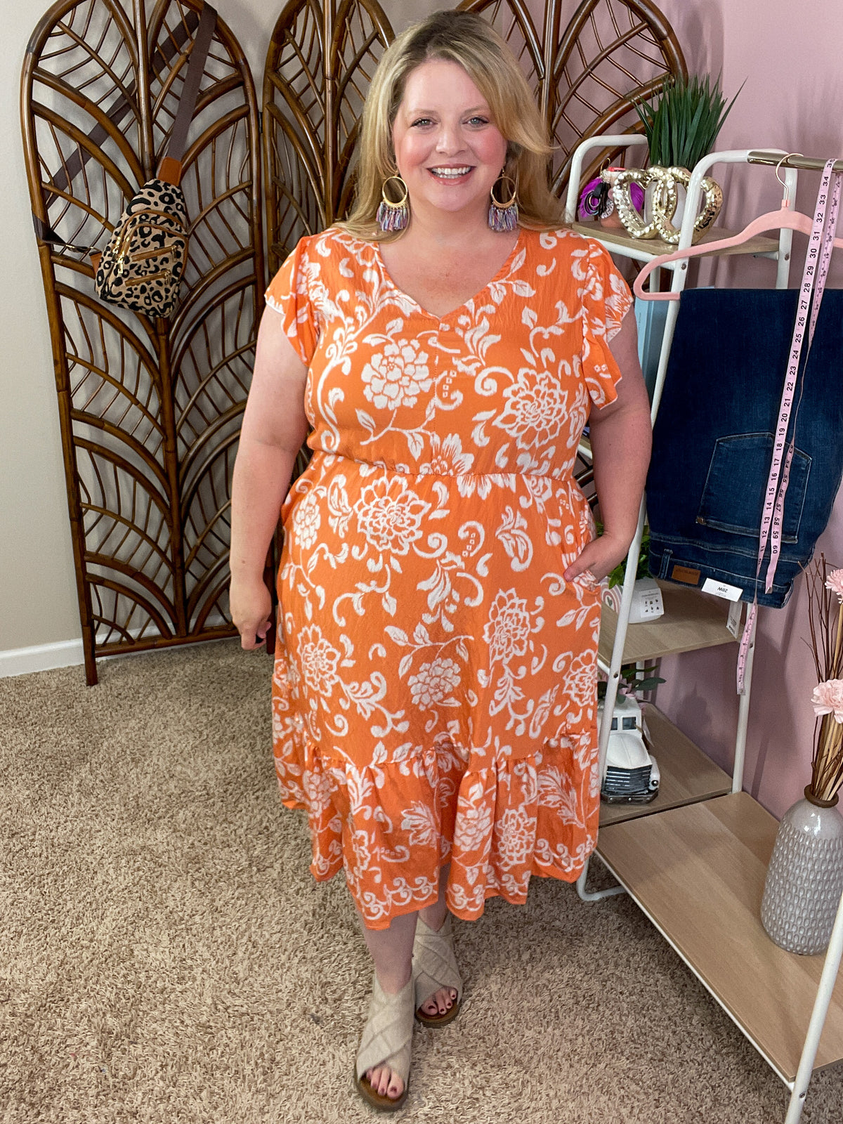 Wishing and Waiting Midi Dress w/pockets - Tangerine