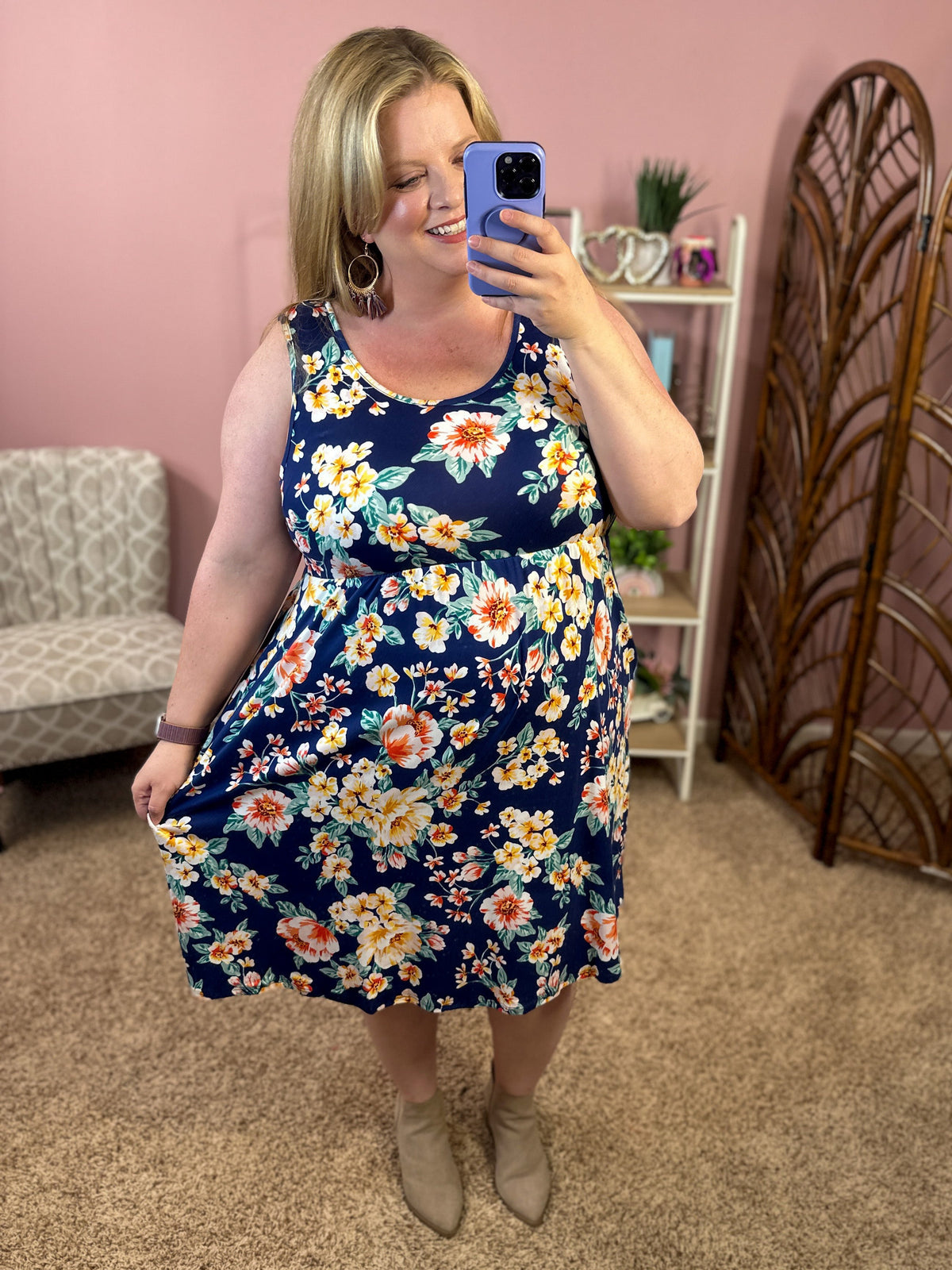 State of Grace Sleeveless Dress w/Pockets - Navy Florals - Restocked!