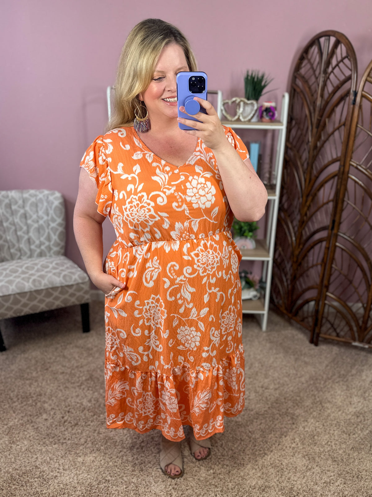 Wishing and Waiting Midi Dress w/pockets - Tangerine