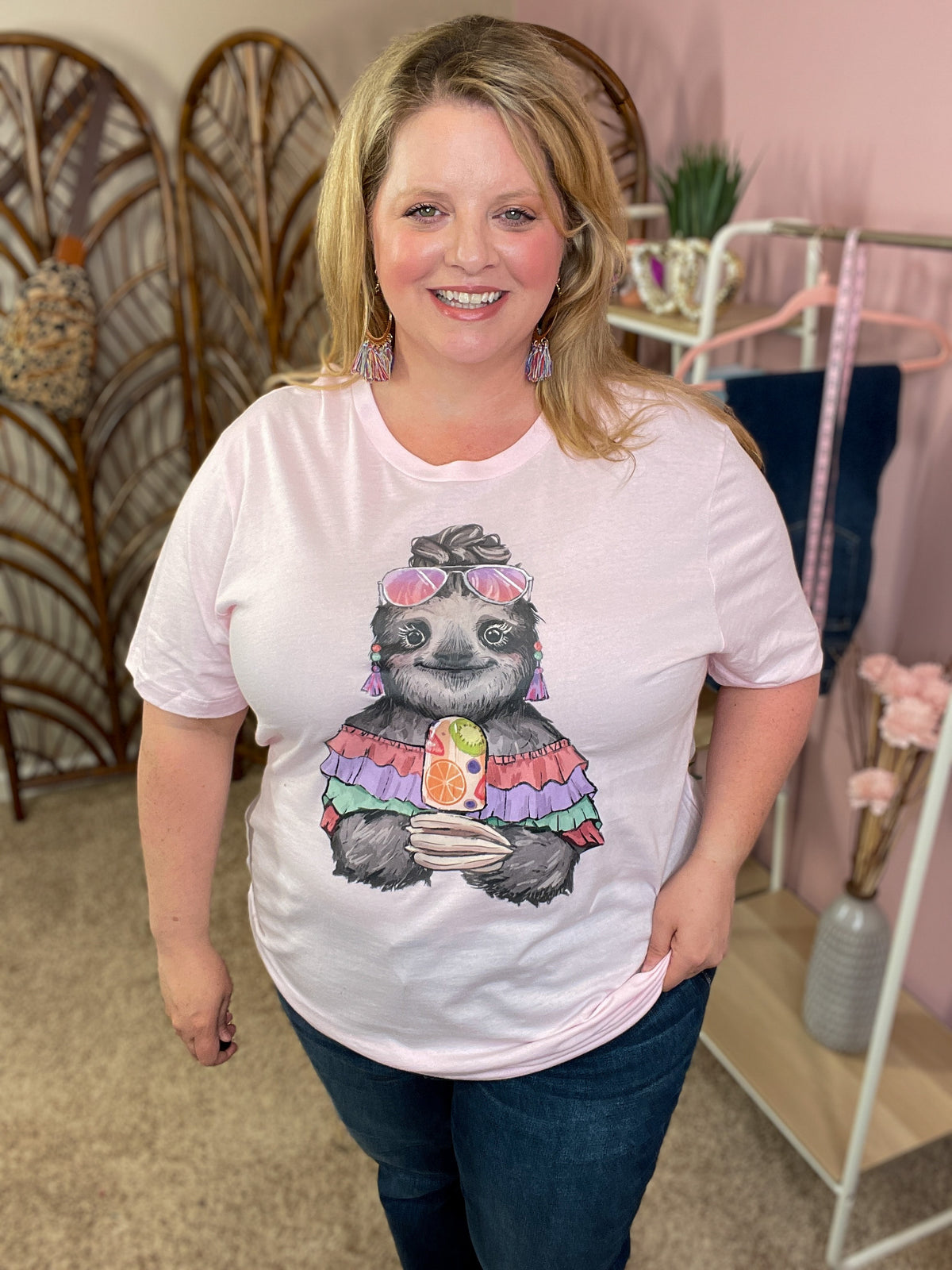 Summer Sloth Graphic Tee - Pink