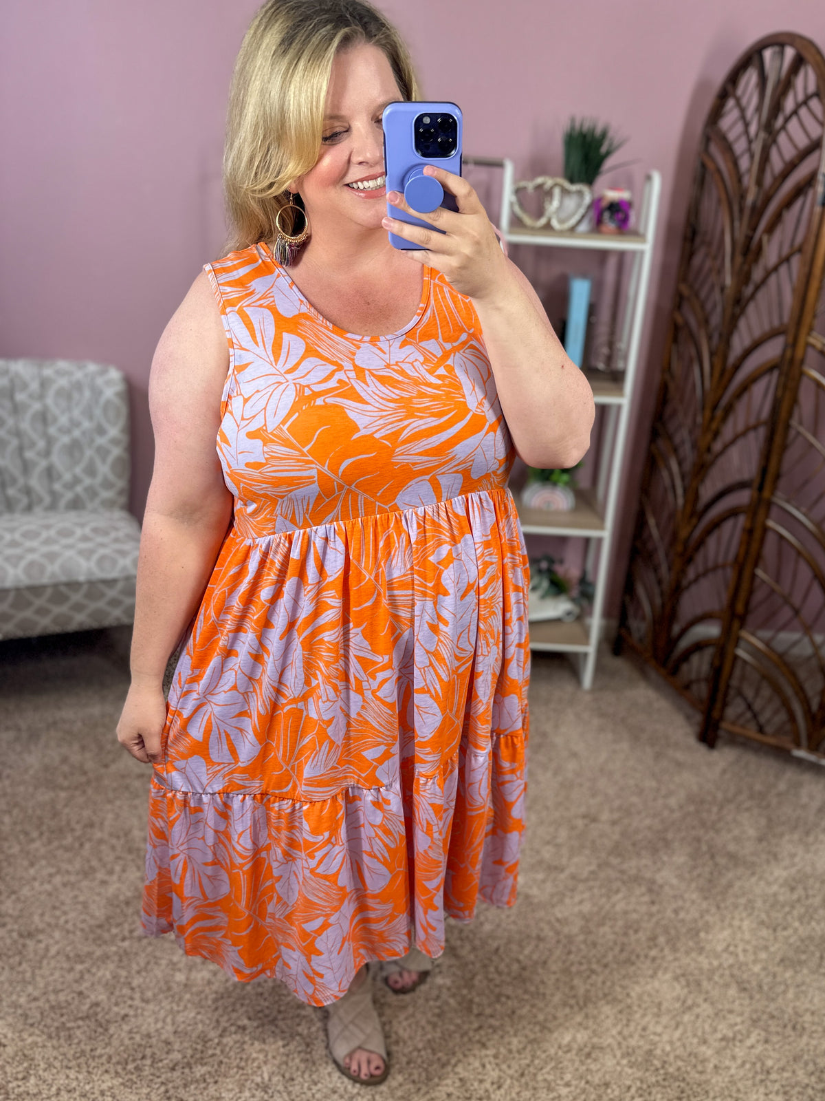 Take Me There Tiered Dress w/Pockets - Orange/Lavender Mix