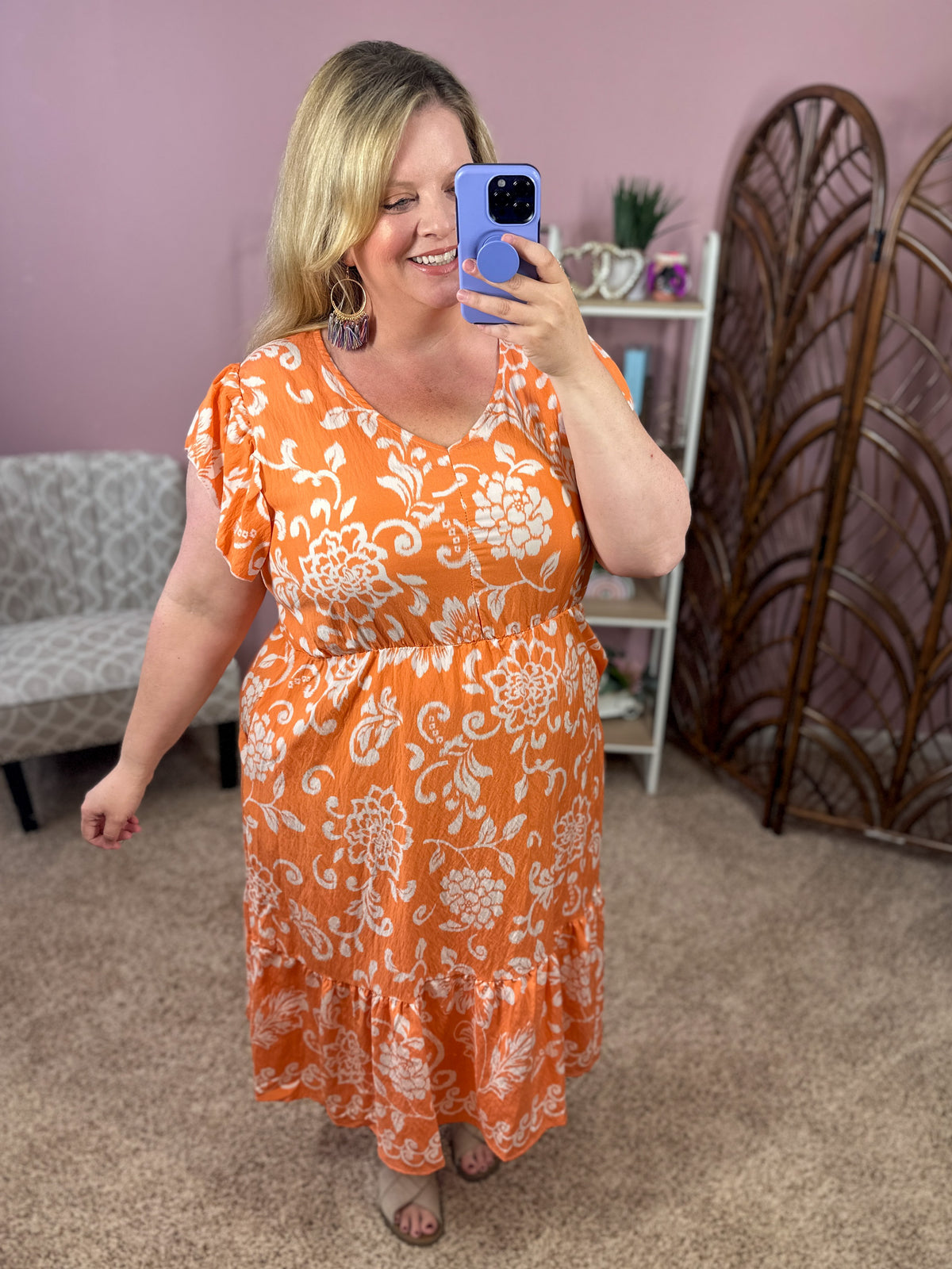 Wishing and Waiting Midi Dress w/pockets - Tangerine