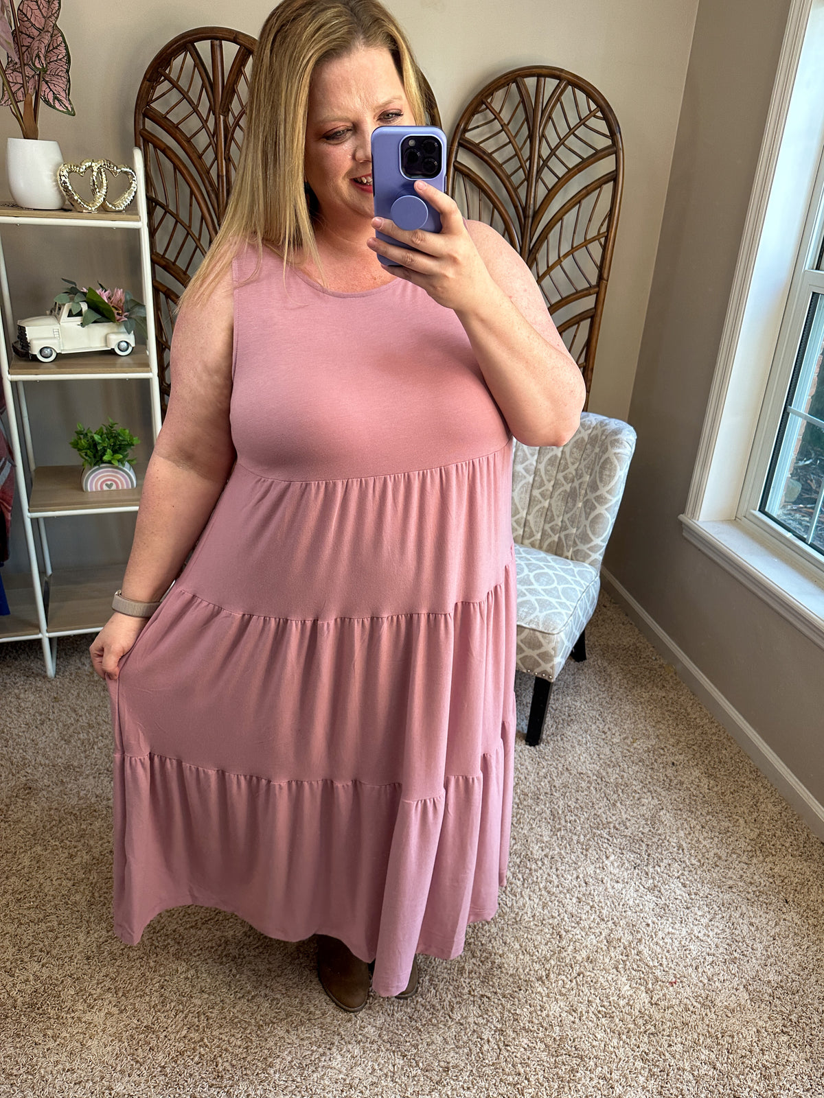 Color of the Day Sleeveless Tiered Midi Dress - Light Rose