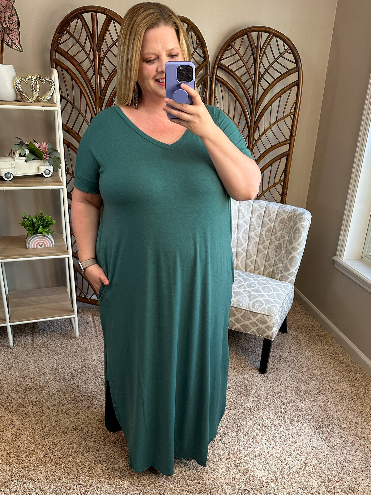 Like a Lady Short Sleeve Open Cut Side Slit Maxi - Ash Green