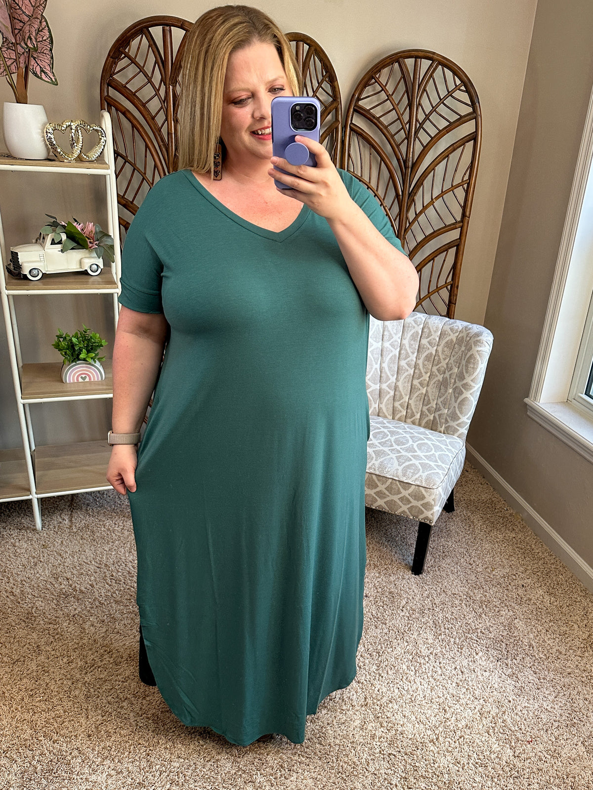 Like a Lady Short Sleeve Open Cut Side Slit Maxi - Ash Green