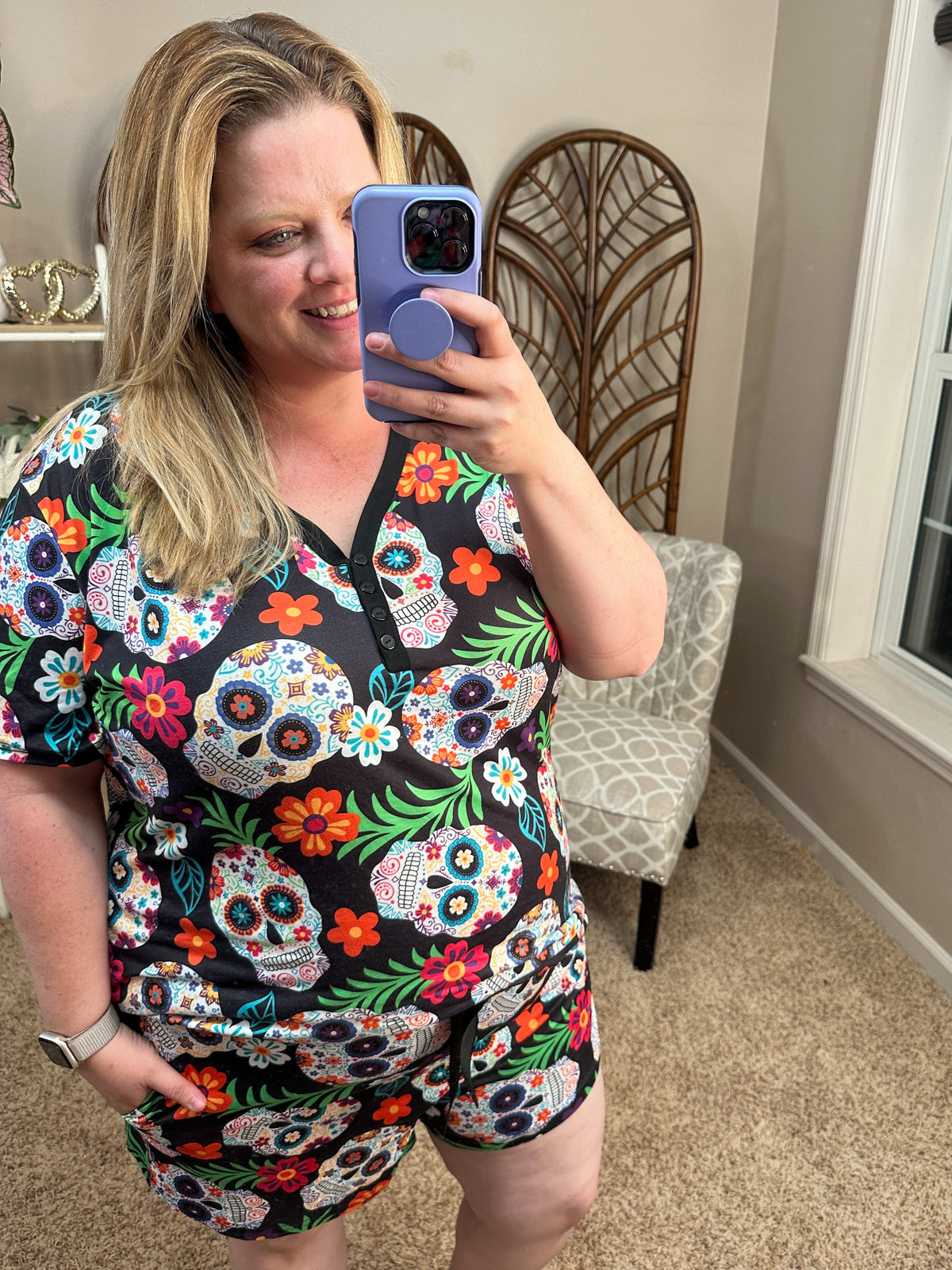 Sugar Skull Short Sleeve Pajama Shorts Set