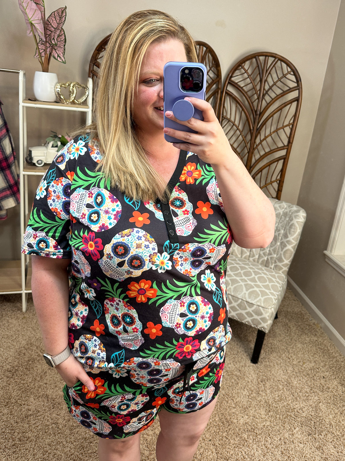 Sugar Skull Short Sleeve Pajama Shorts Set