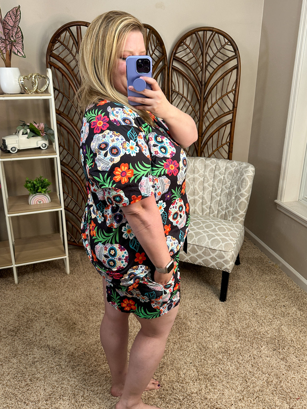 Sugar Skull Short Sleeve Pajama Shorts Set