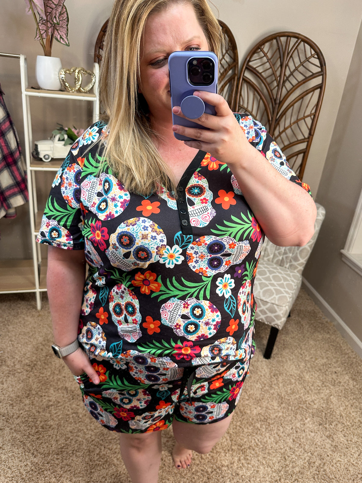 Sugar Skull Short Sleeve Pajama Shorts Set