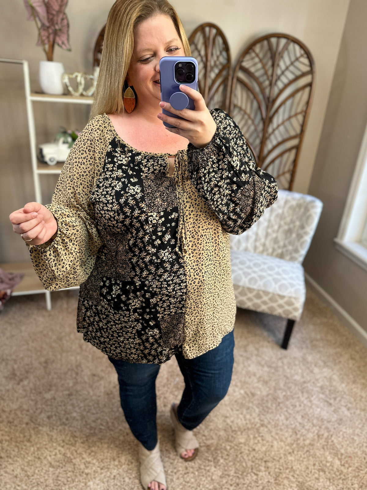 Full Rotation Top - Mixed Prints Taupe/Black