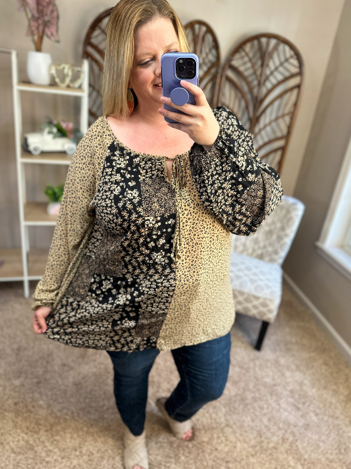 Full Rotation Top - Mixed Prints Taupe/Black