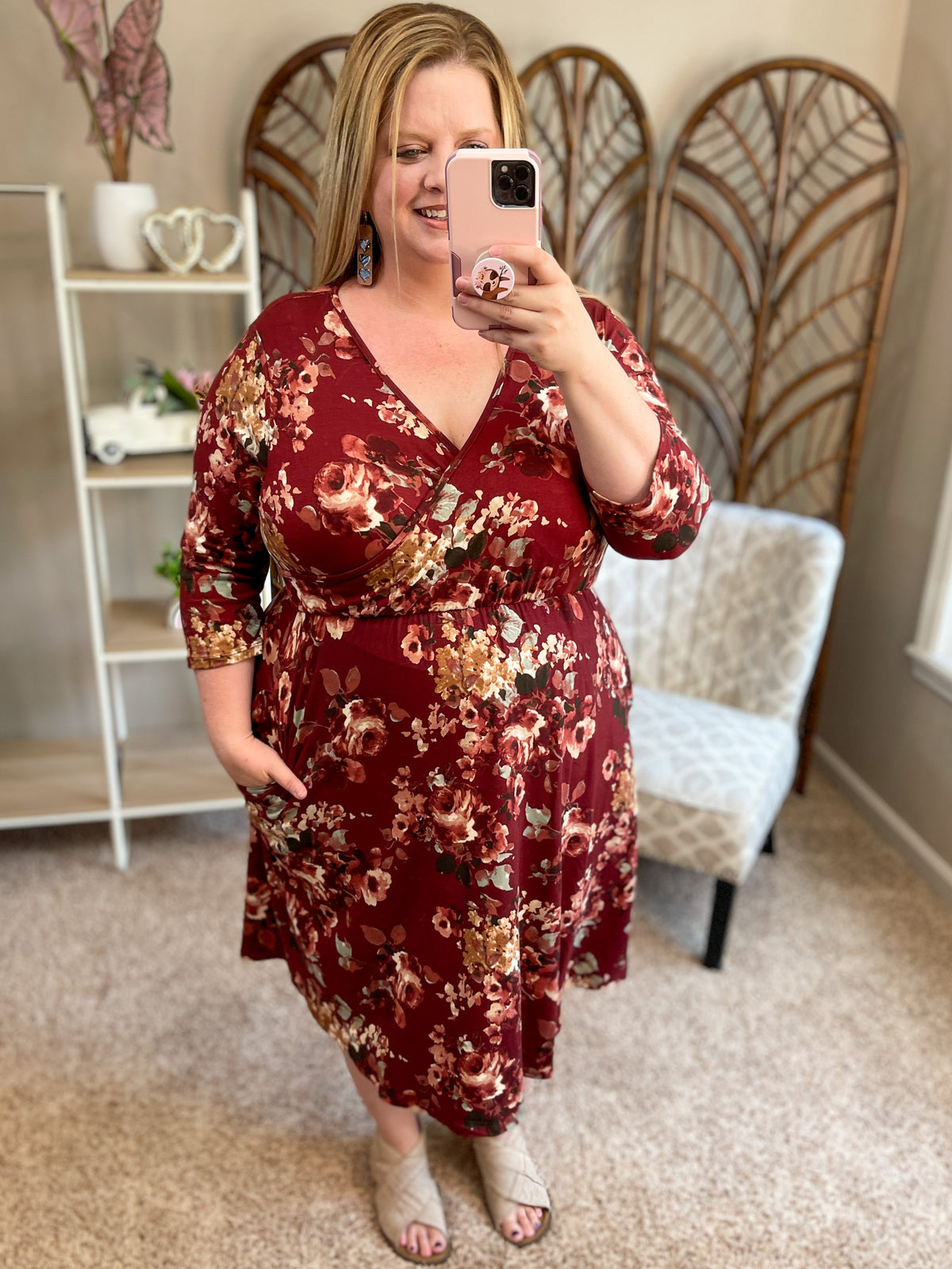 Endless Opportunities Faux Wrap Dress - Burgundy Floral