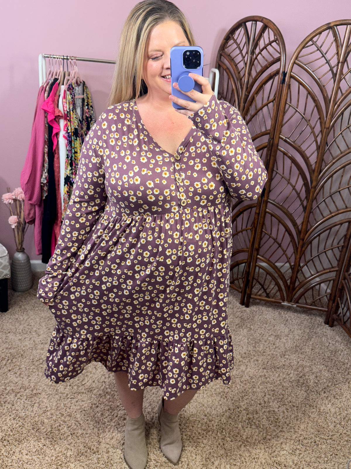 Wait For It Faux Button Dress - Eggplant