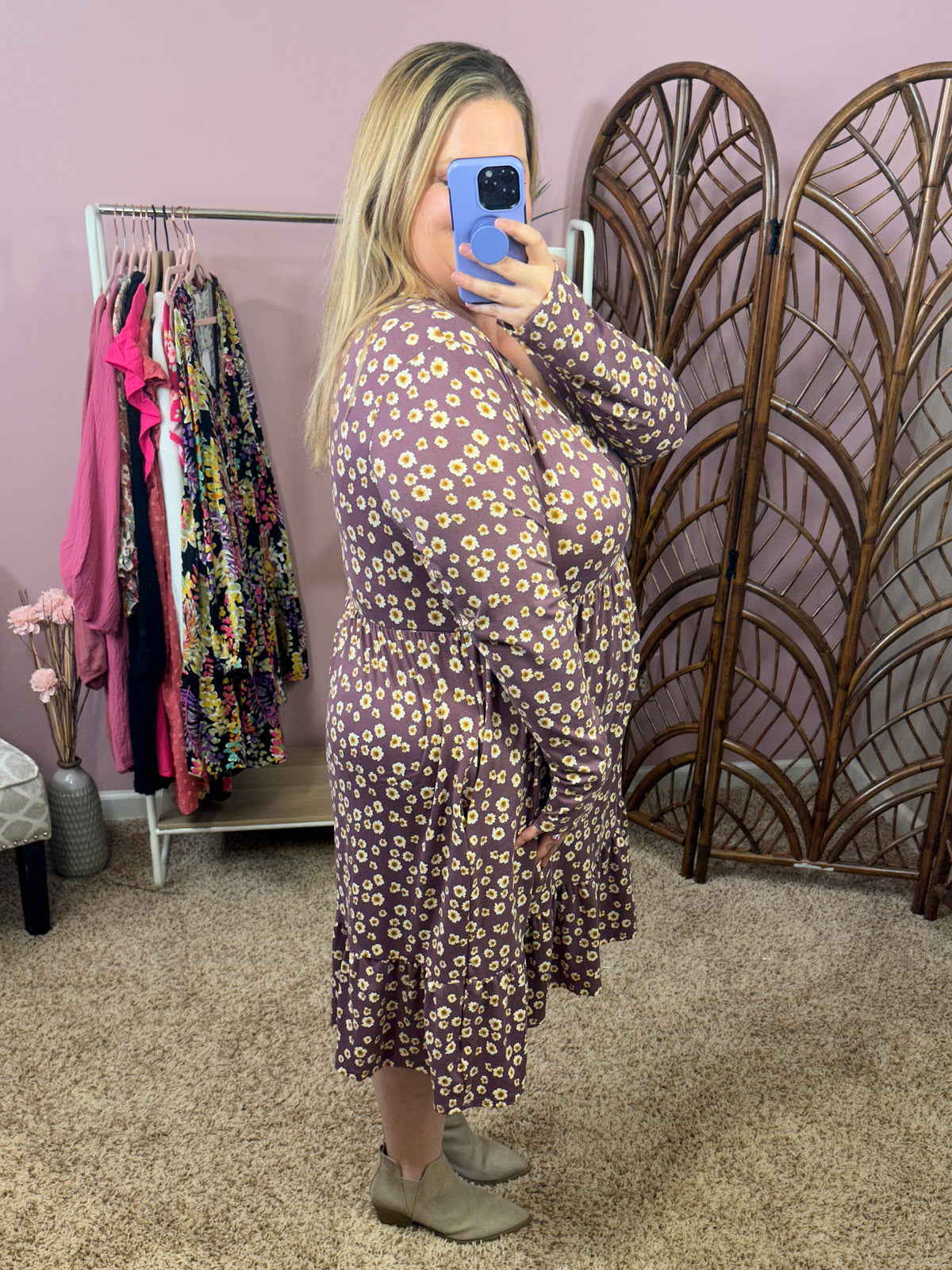 Wait For It Faux Button Dress - Eggplant