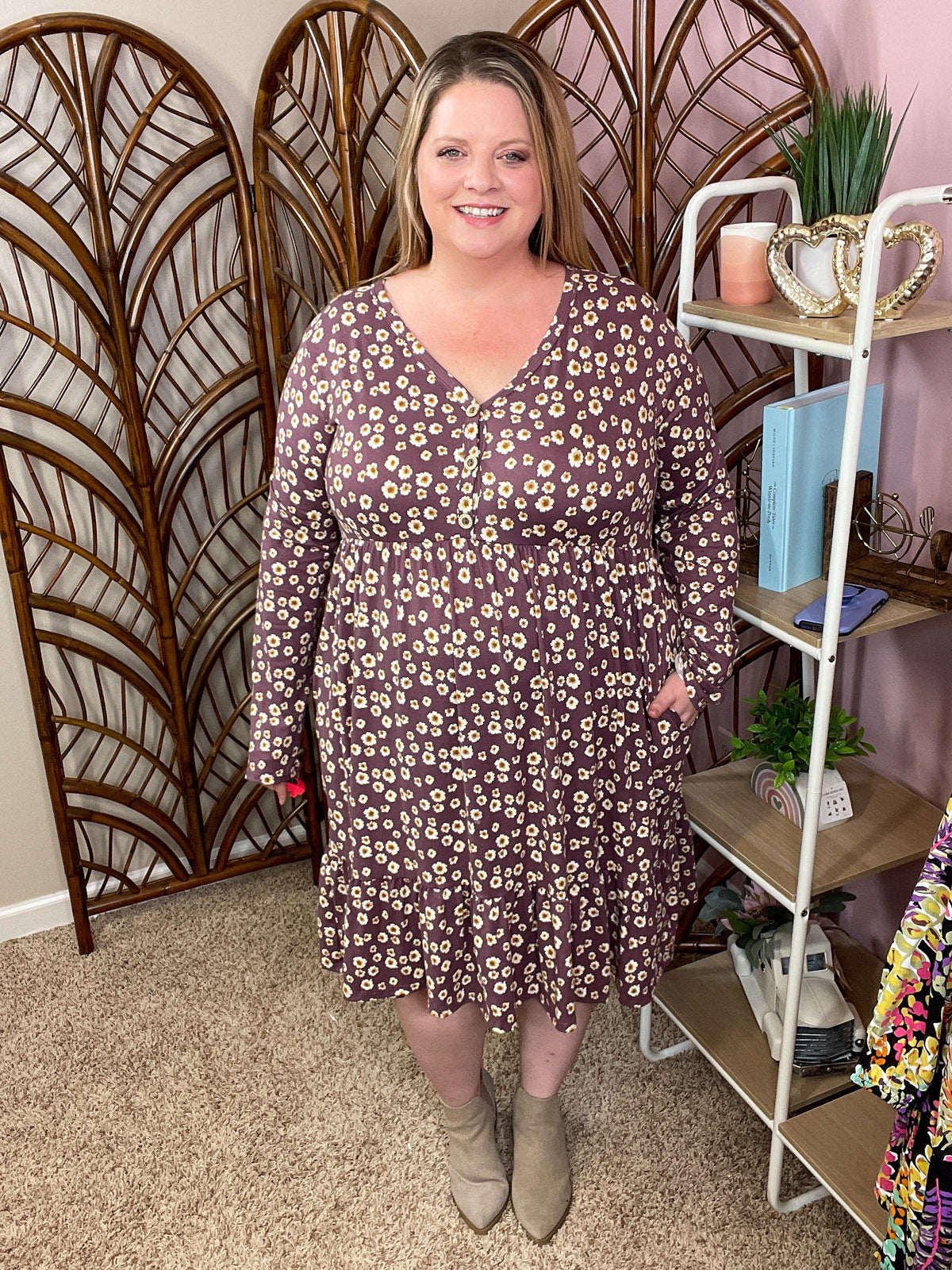 Wait For It Faux Button Dress - Eggplant