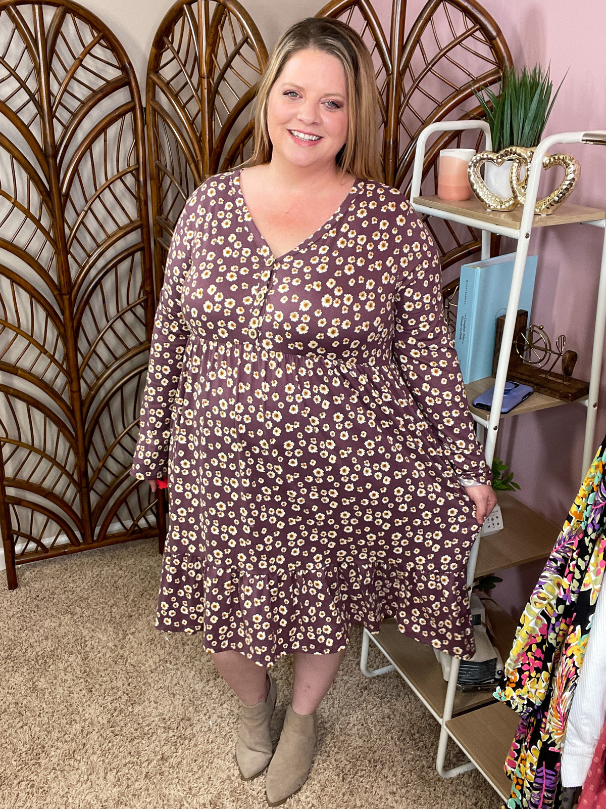 Wait For It Faux Button Dress - Eggplant
