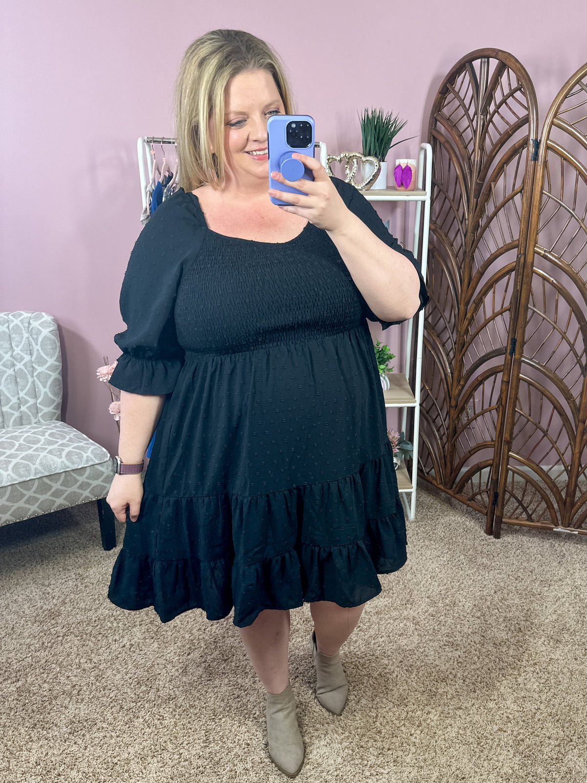 Make it Easy Smocked Swiss Dot Dress - Black