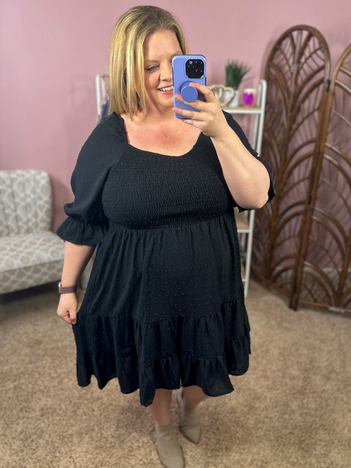 Make it Easy Smocked Swiss Dot Dress - Black