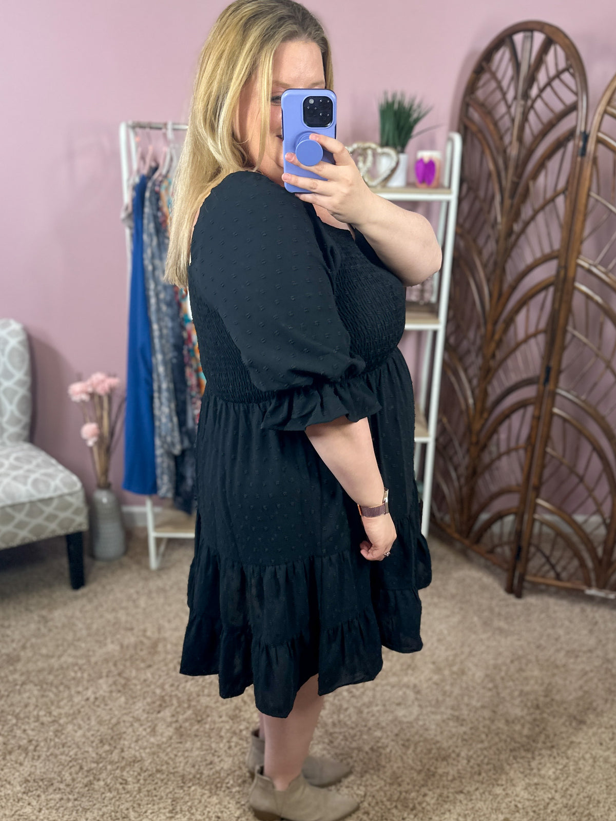 Make it Easy Smocked Swiss Dot Dress - Black