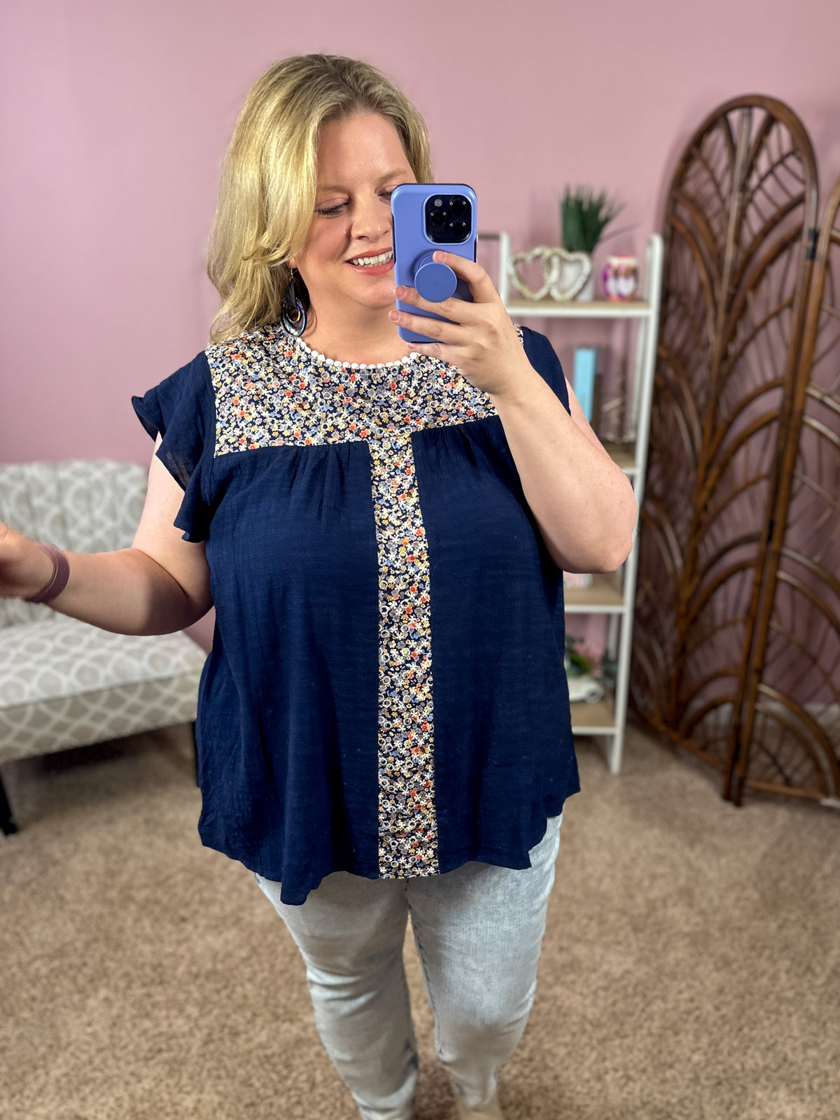 Feather Light Ruffle Sleeve Top - Navy Florals