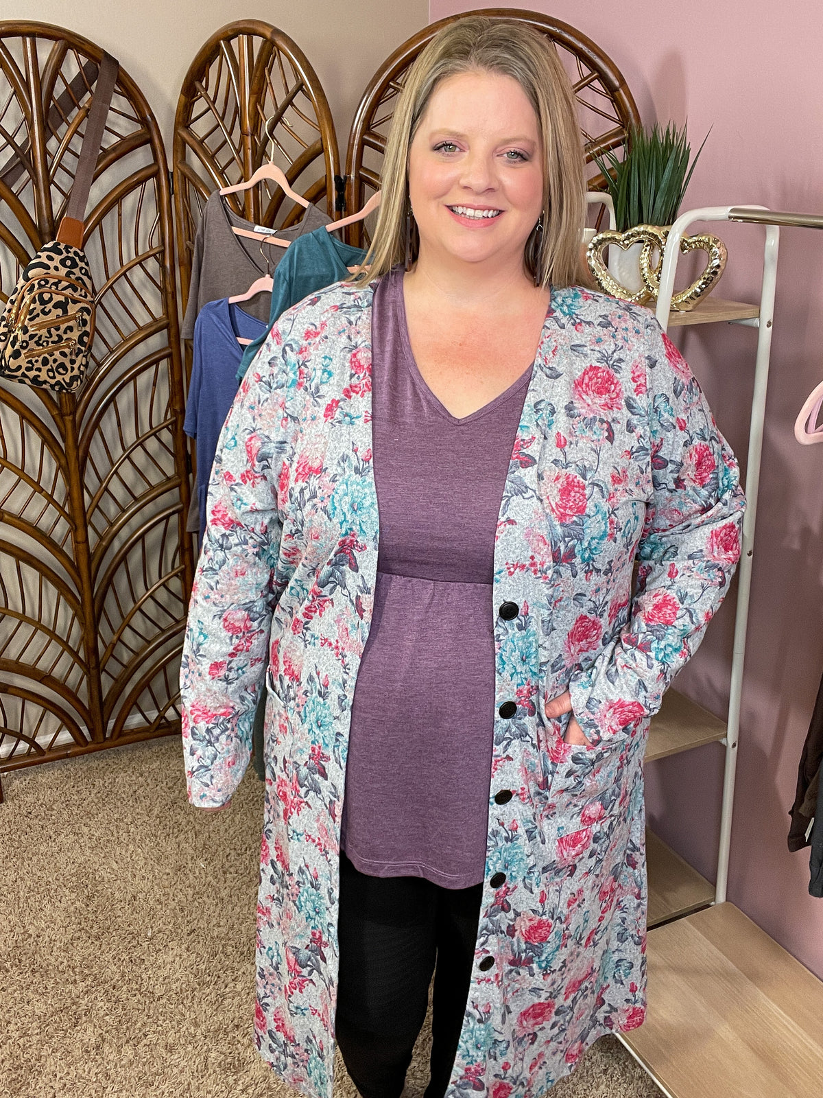 After Midnight Long Button Cardigan - Gray Floral