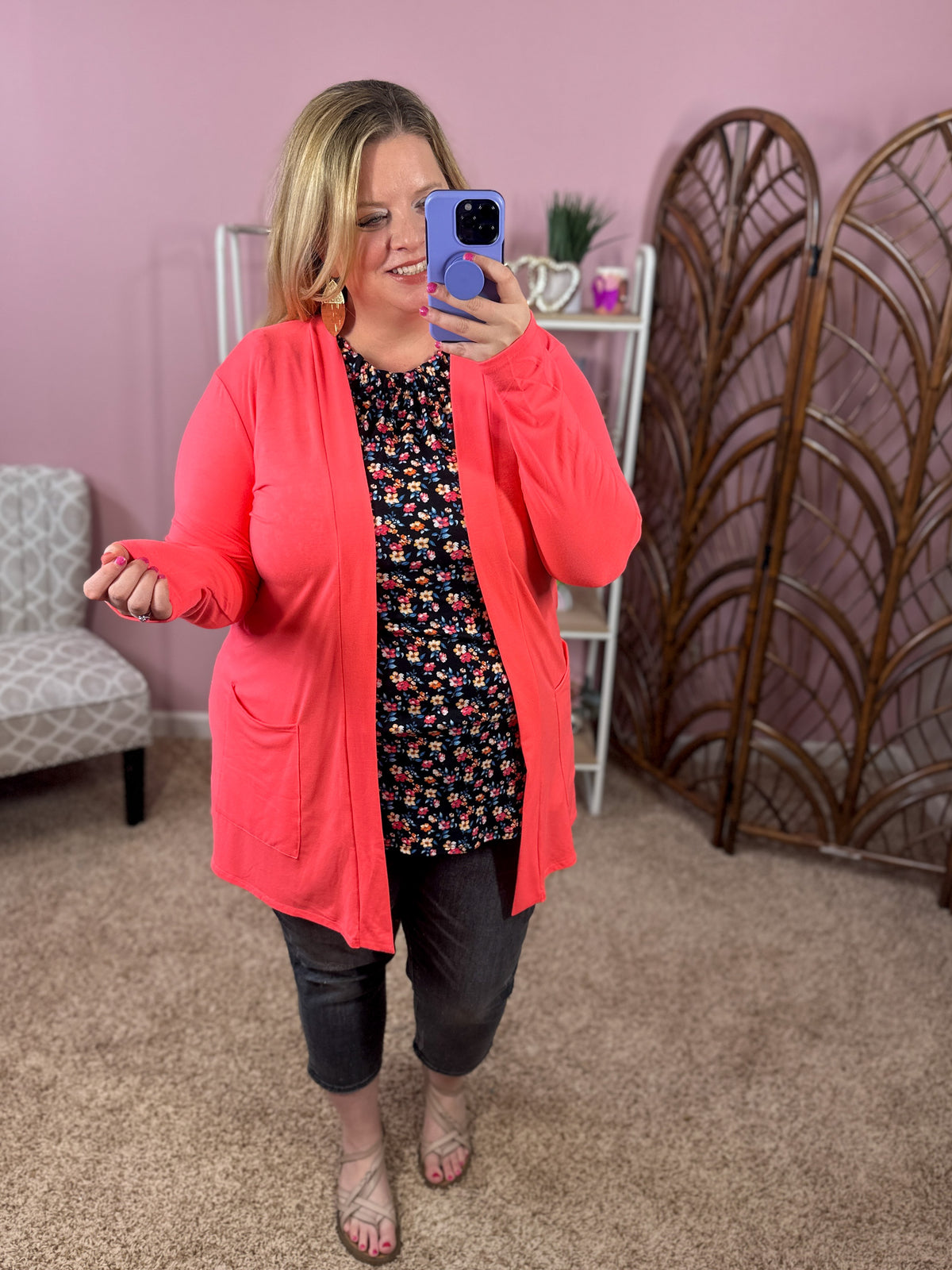 Always Perfect Long Sleeve Pocket Cardigan - Neon Coral Pink