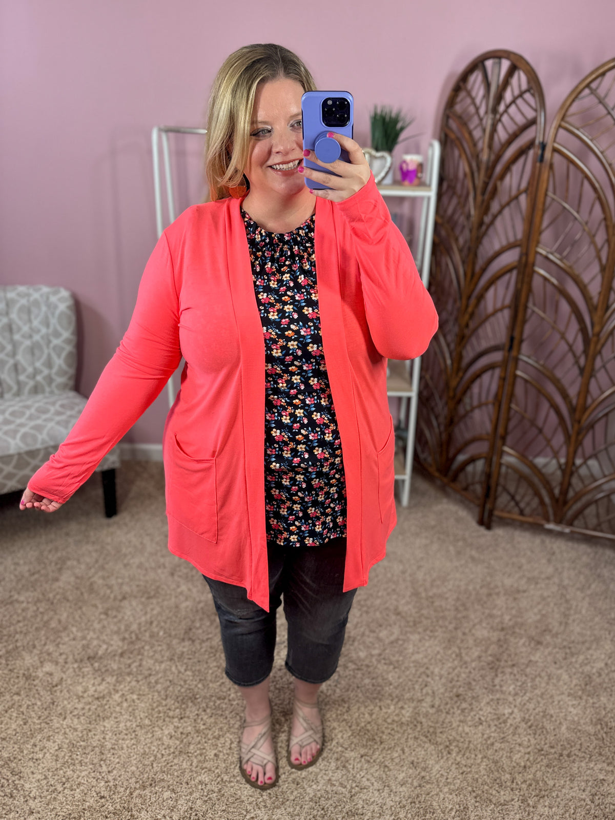 Always Perfect Long Sleeve Pocket Cardigan - Neon Coral Pink