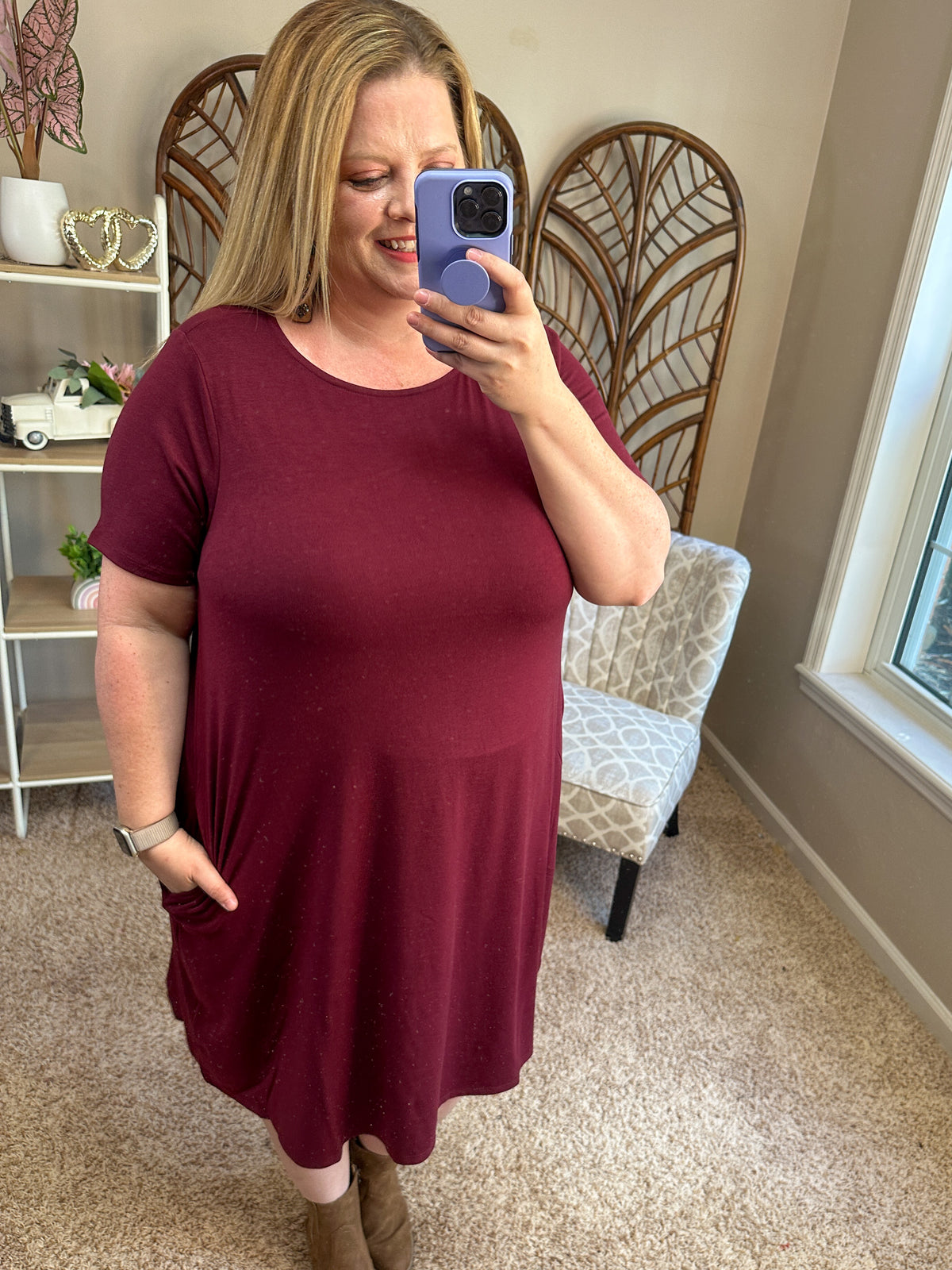 Keep It Coming Short Sleeve Pocket Tunics - Dark Burgundy