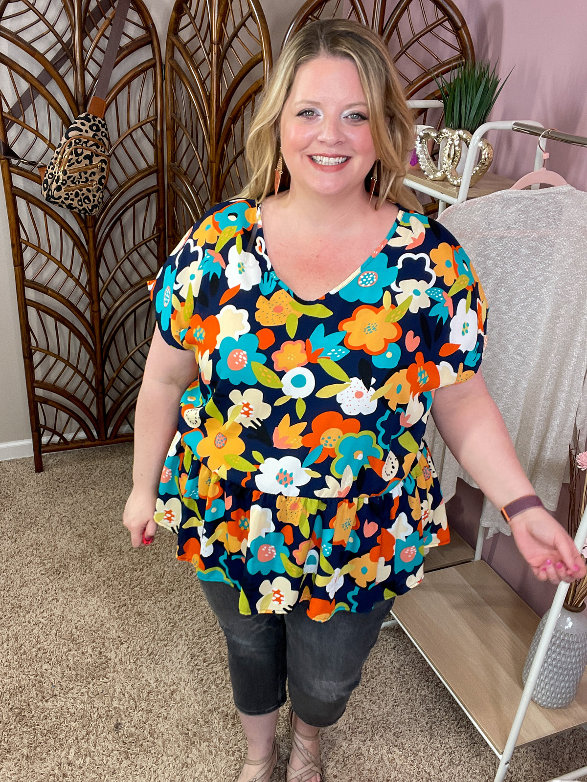 Spreading Joy Peplum Top - Navy