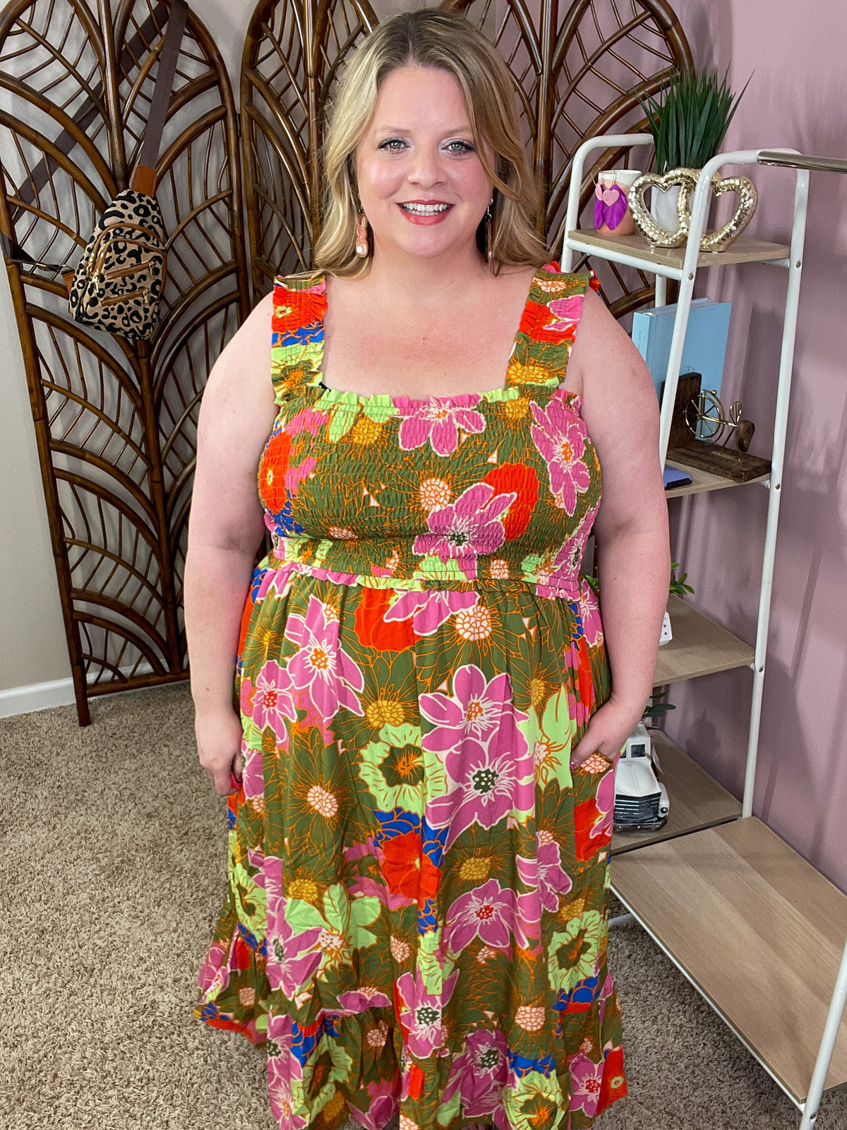 It&#39;s Delightful Smocked Dress - Olive Floral