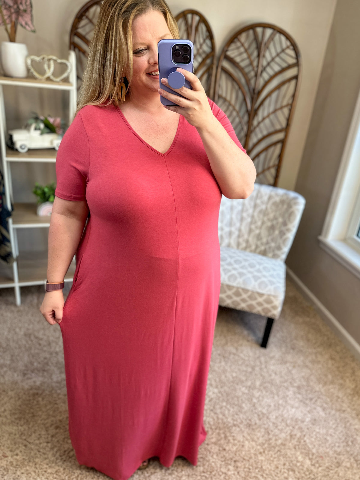 Pleased to Meet You Basic V-Neck Maxi w/Pockets - Rose