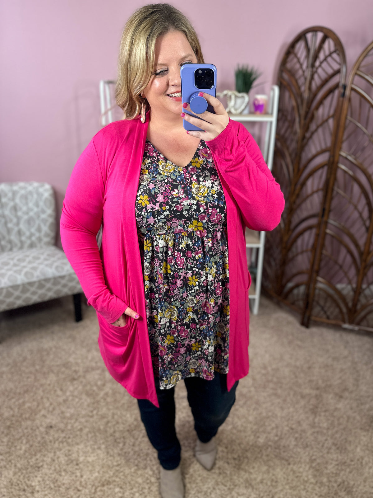 Always Perfect Long Sleeve Pocket Cardigan - Fuchsia