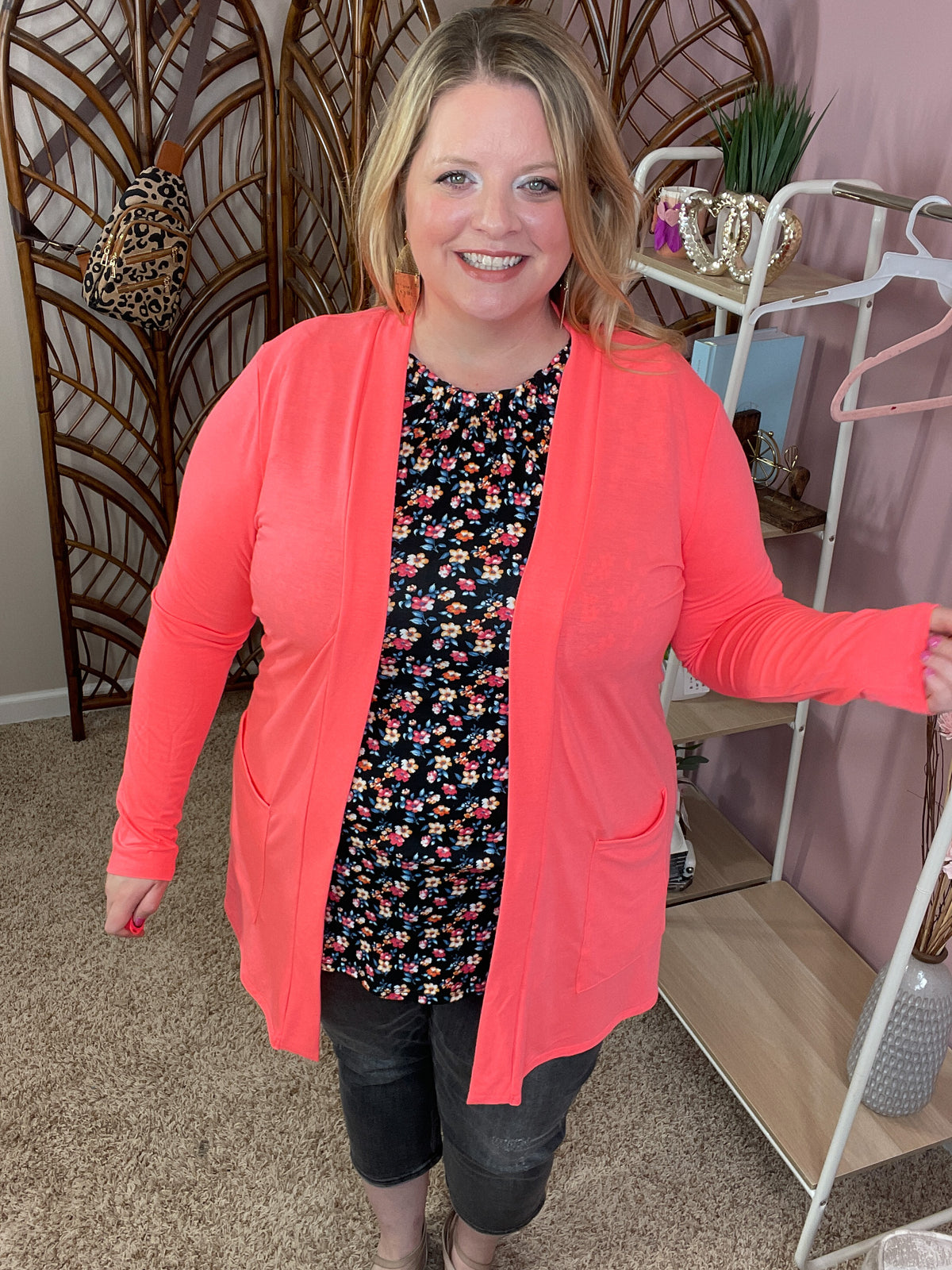 Always Perfect Long Sleeve Pocket Cardigan - Neon Coral Pink