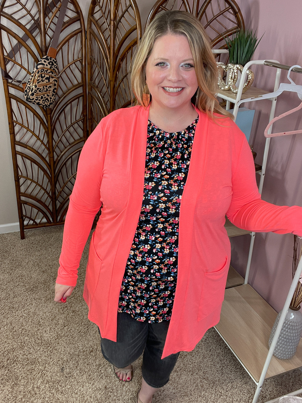 Always Perfect Long Sleeve Pocket Cardigan - Neon Coral Pink