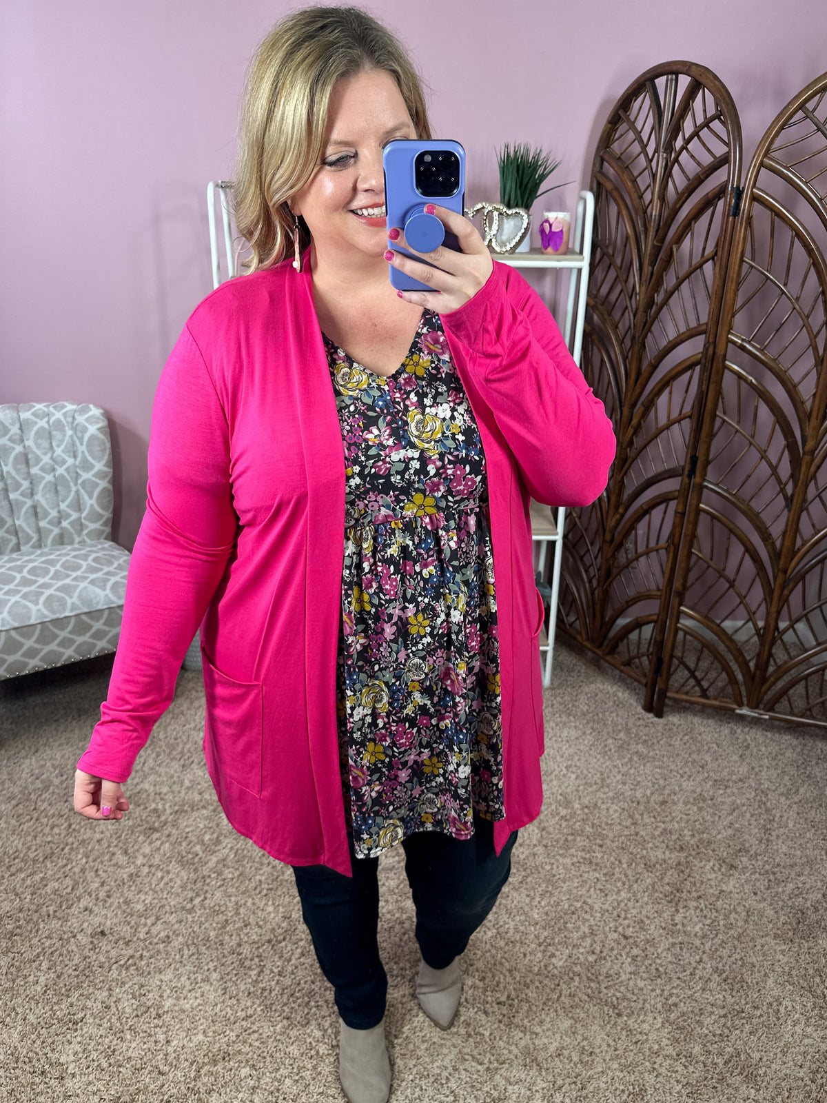 Always Perfect Long Sleeve Pocket Cardigan - Fuchsia