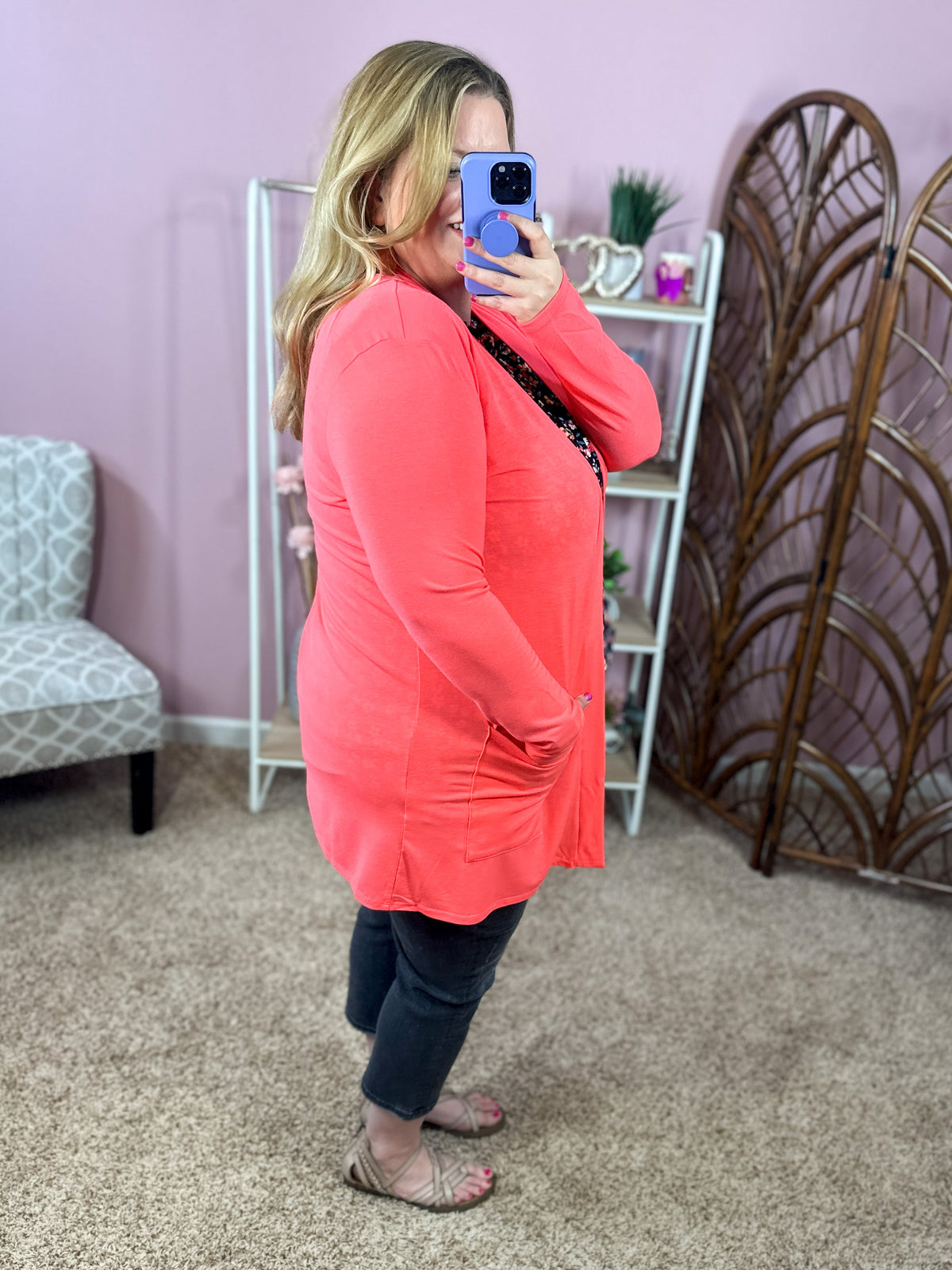 Always Perfect Long Sleeve Pocket Cardigan - Neon Coral Pink