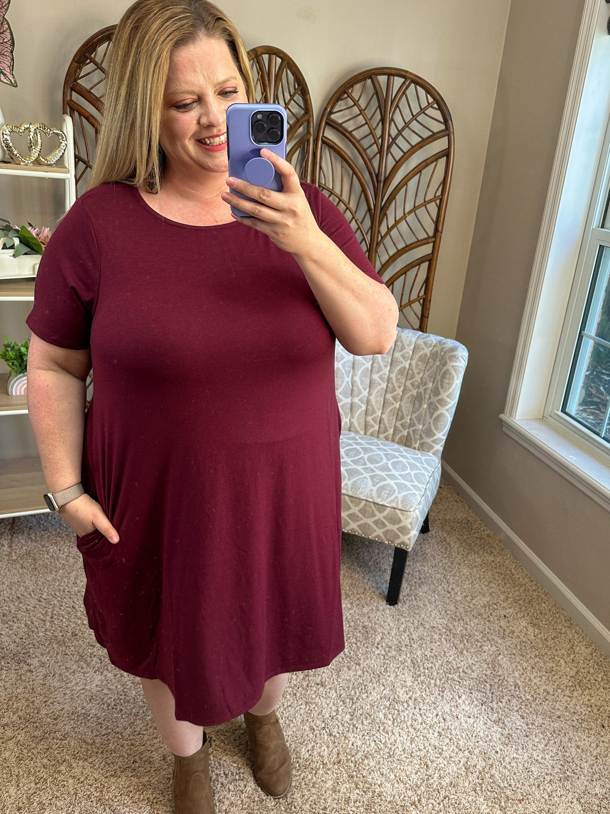 Keep It Coming Short Sleeve Pocket Tunics - Dark Burgundy