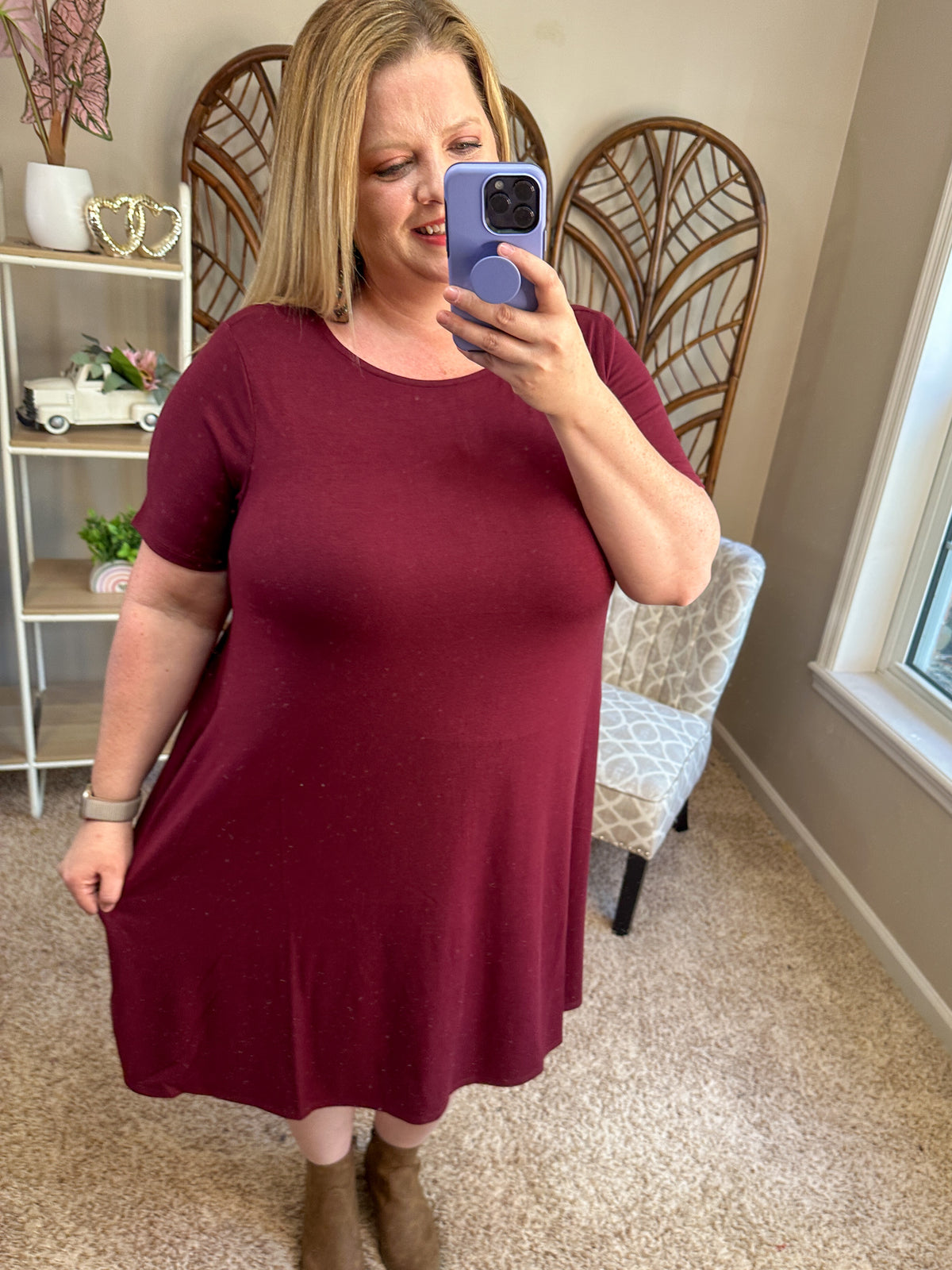 Keep It Coming Short Sleeve Pocket Tunics - Dark Burgundy