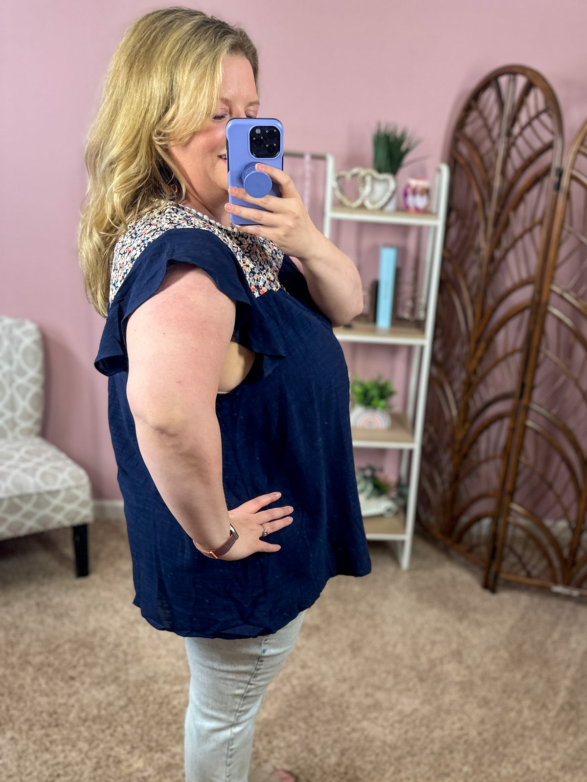 Feather Light Ruffle Sleeve Top - Navy Florals