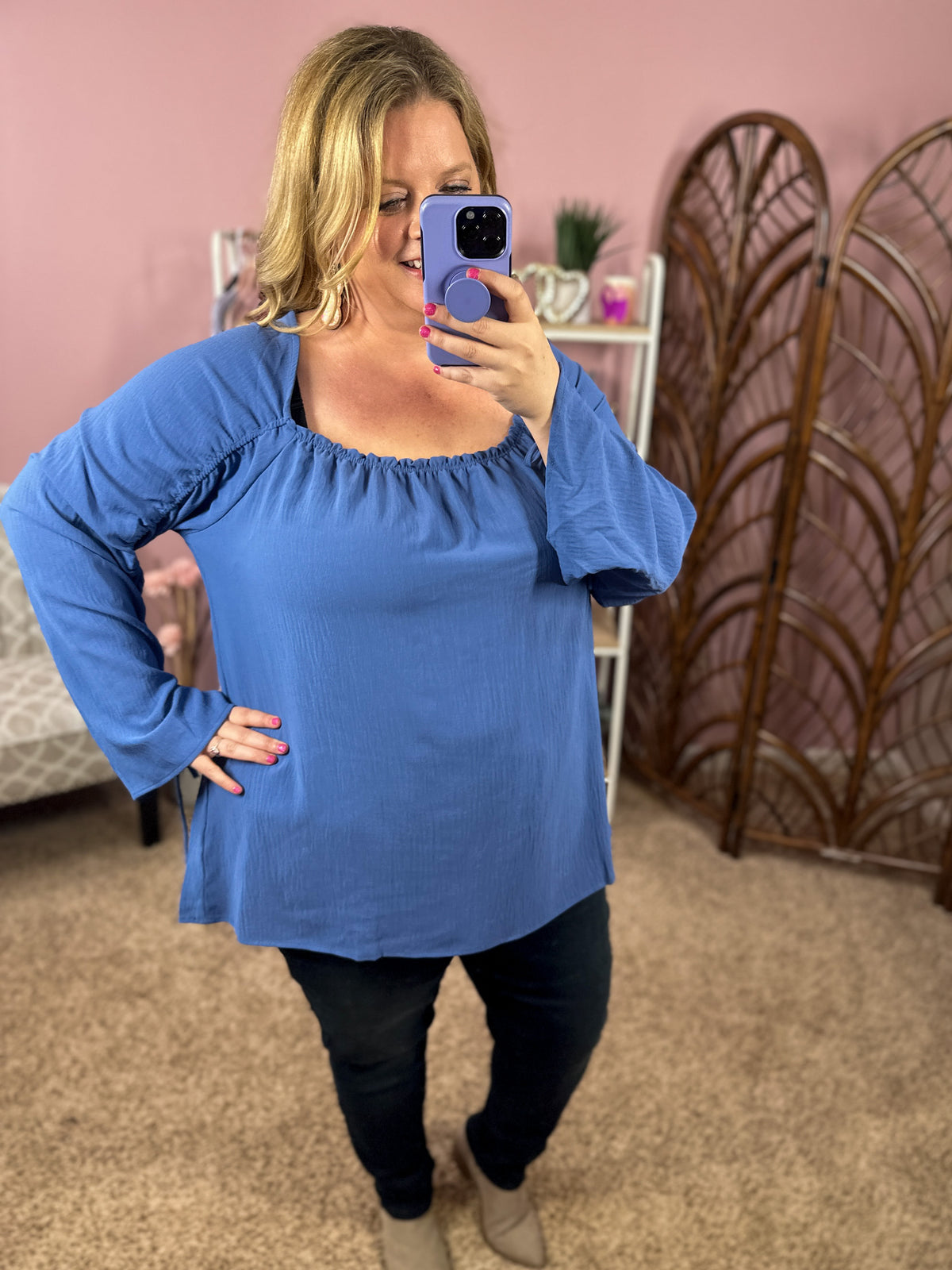 Make Your Wish Ruched Sleeve Top - Denim Blue