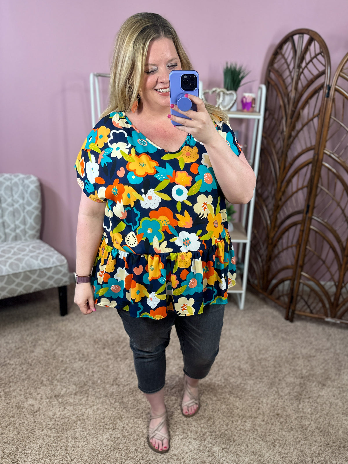 Spreading Joy Peplum Top - Navy