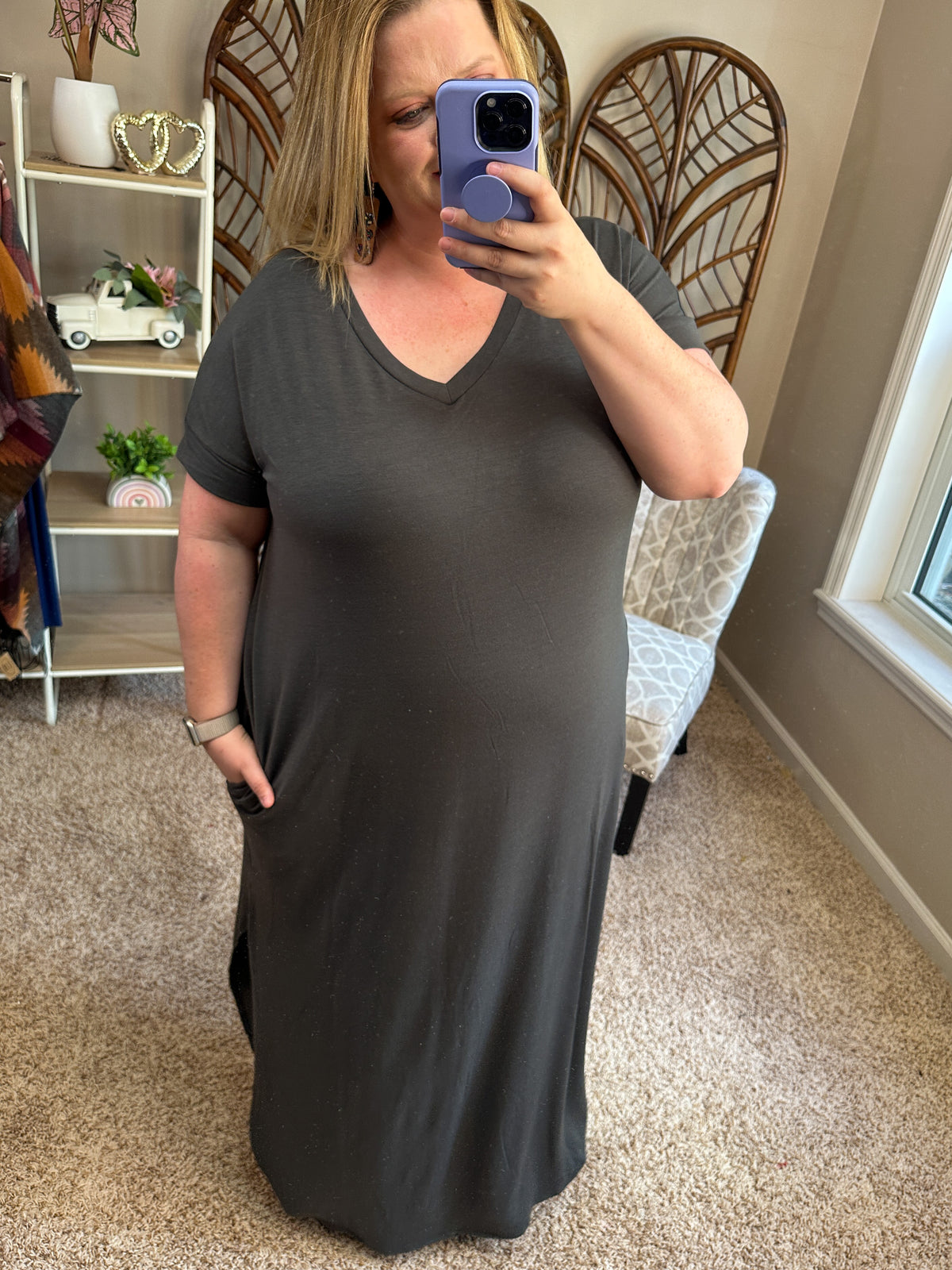 Like a Lady Short Sleeve Open Cut Side Slit Maxi - Ash Gray