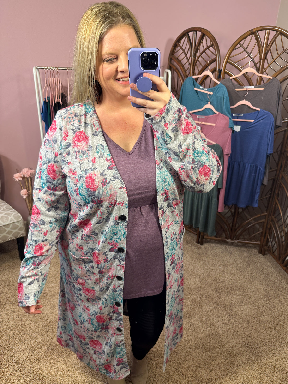 After Midnight Long Button Cardigan - Gray Floral