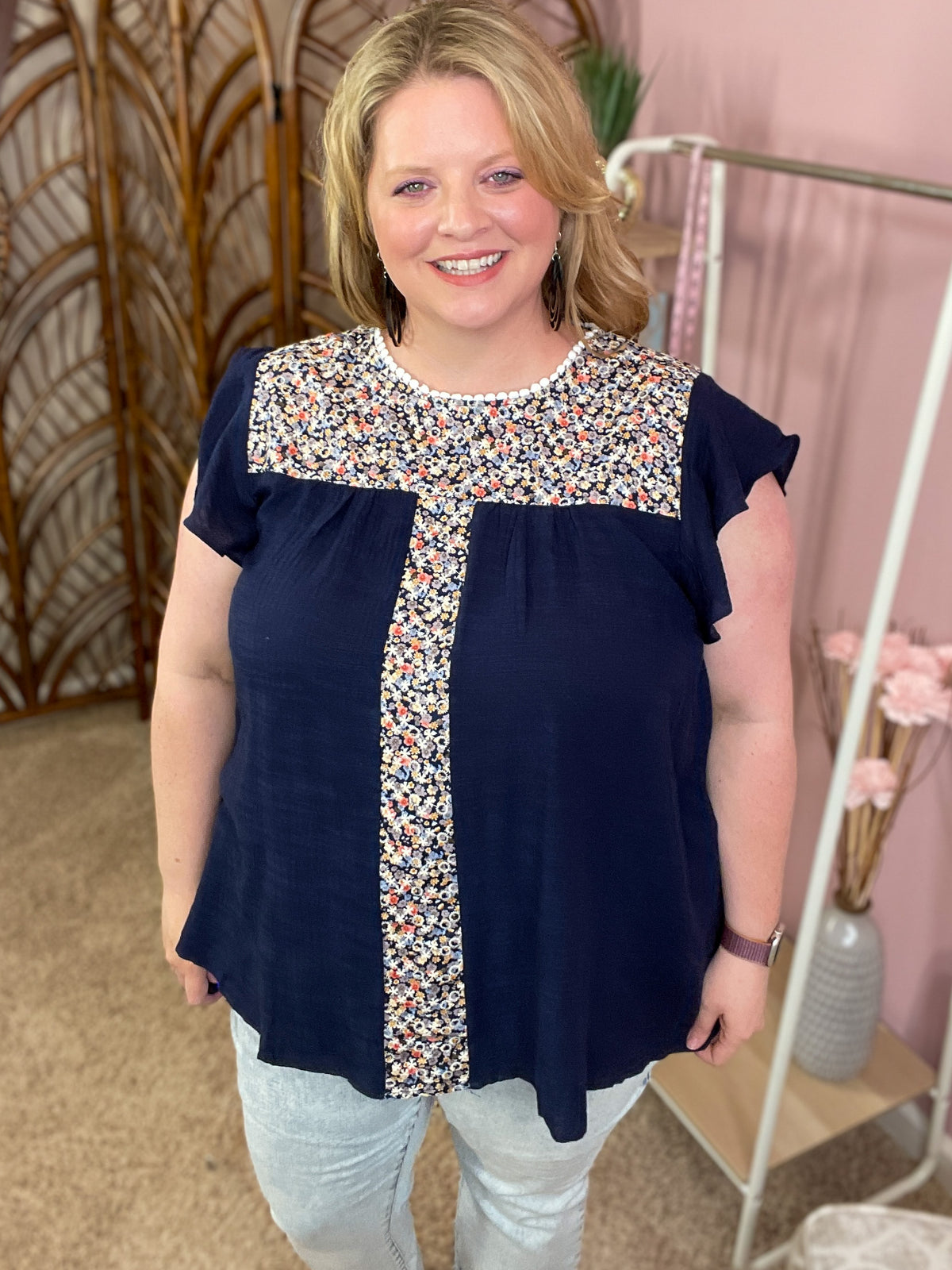 Feather Light Ruffle Sleeve Top - Navy Florals