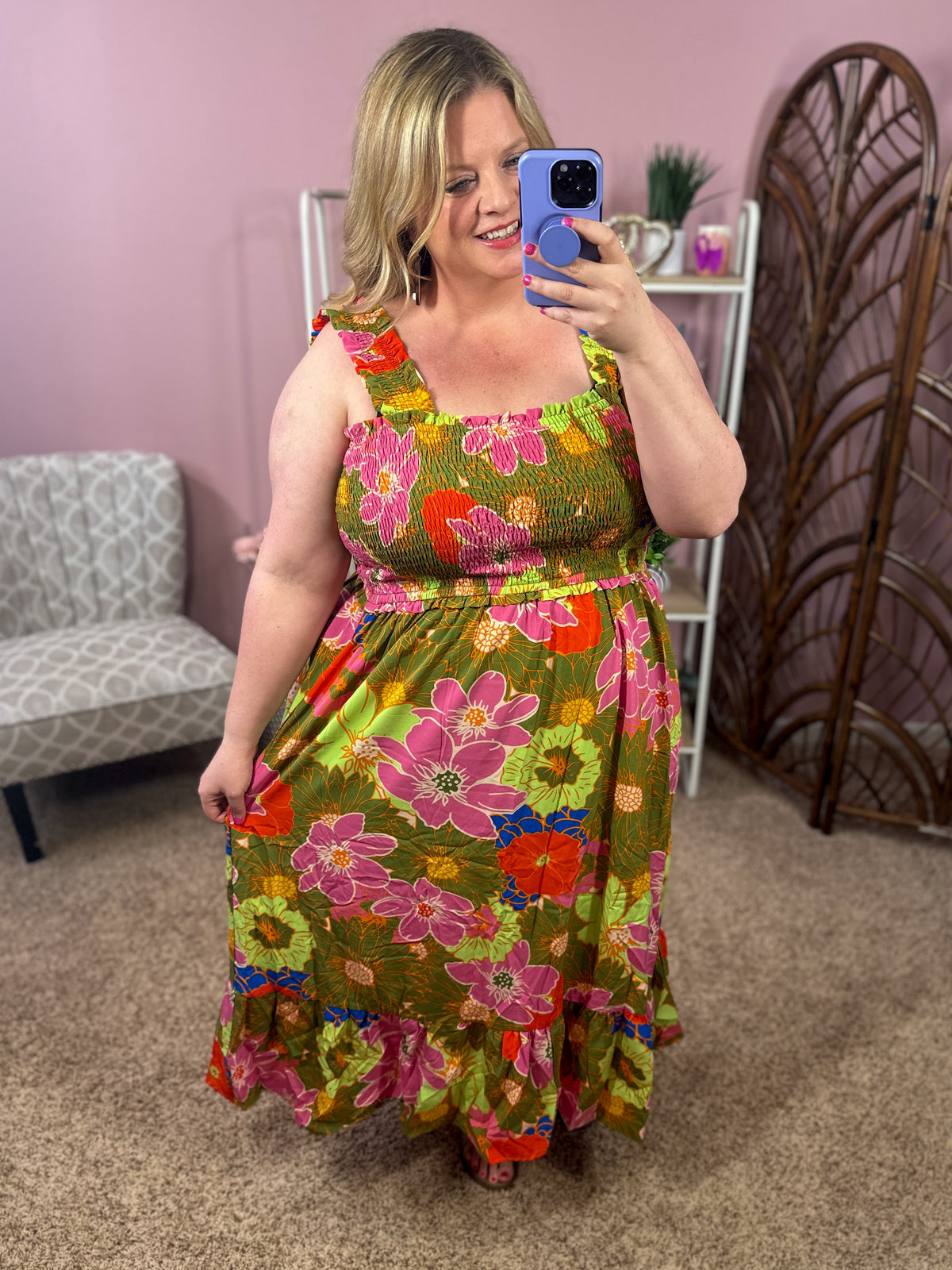 It&#39;s Delightful Smocked Dress - Olive Floral